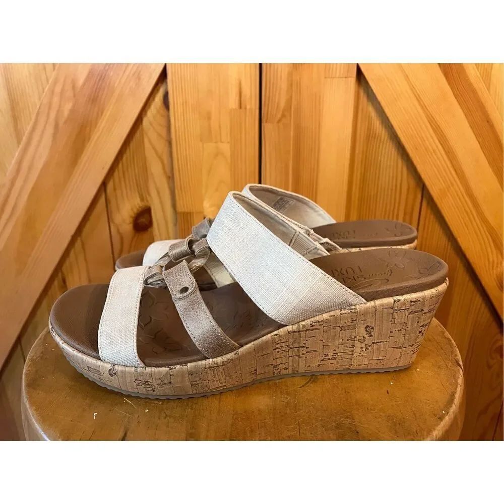 Skechers Luxe Foam Sandals Women's 10 Tan Beige Comfort Platform Wedge Slip On